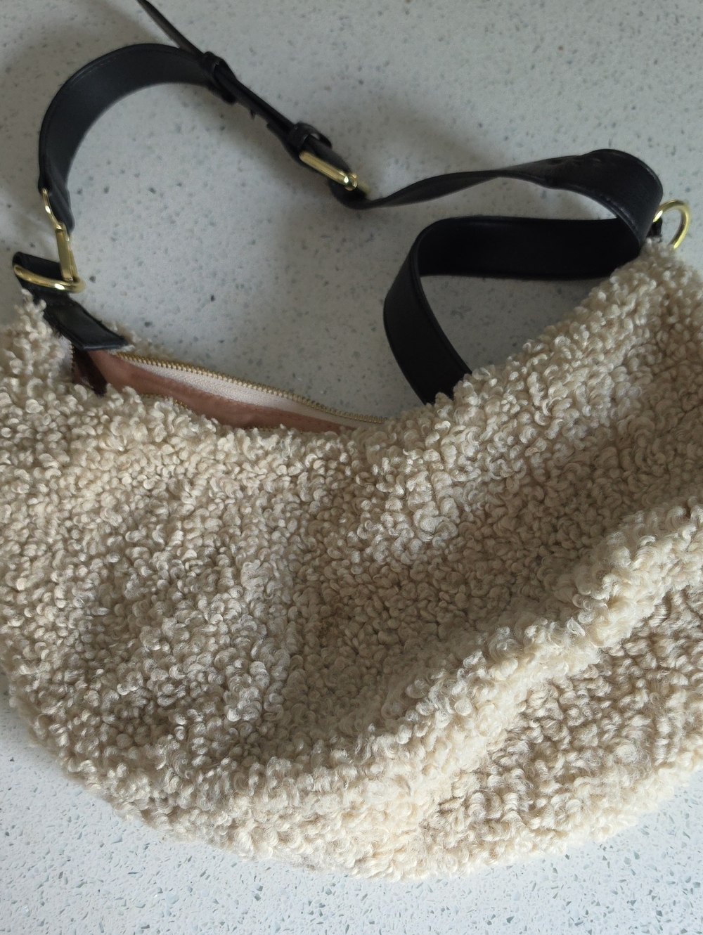 Cream Sherpa Shoulder Bag with Black Strap
